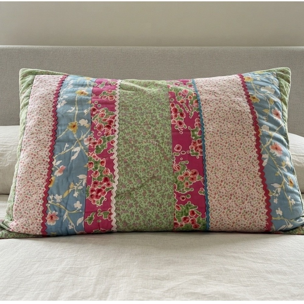 Floral Quilted Pillow Sham Cotton Patchwork Scalloped shabby chic cottagecore